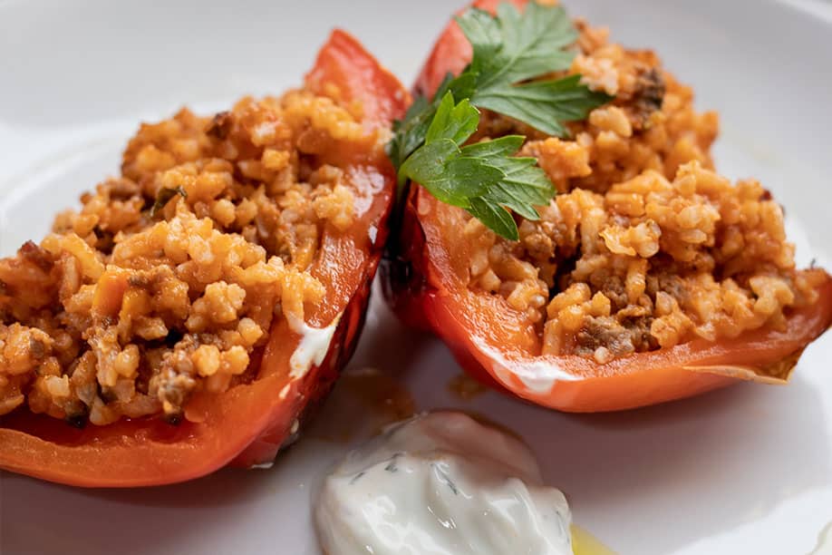 Red pepper filled with ground beef and rice